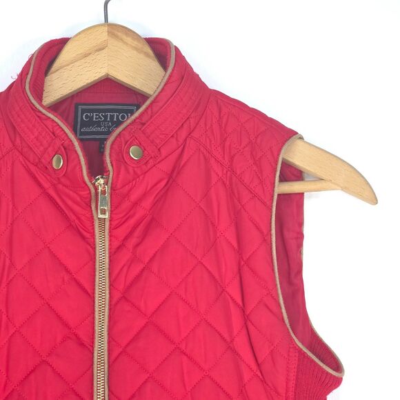 C’ESTTOI Quilted Puffer Vest Women's Medium Red Diamond Stitch Zip Riding Style - Picture 3 of 16